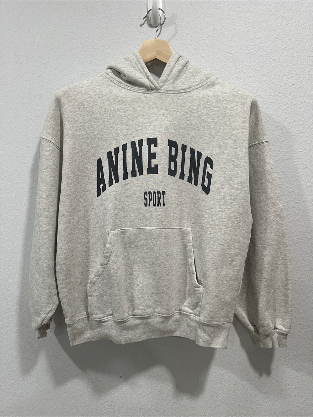 Anine Bing Sport Oversized Harvey Distressed Hoodie in Light Gray with Navy Logo